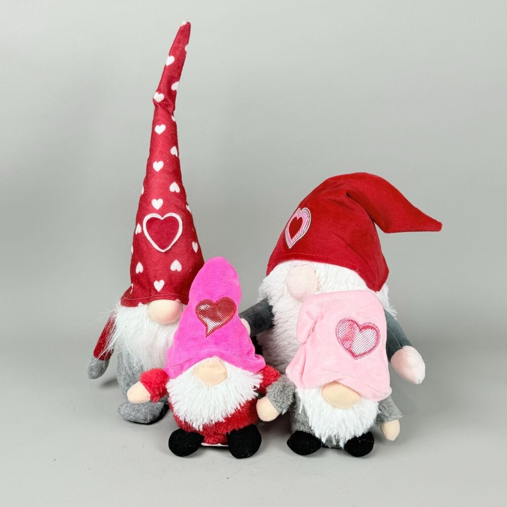 Valentines Day Gnome 4 Plush Decorations With Heart Accents Pink/Red Hats